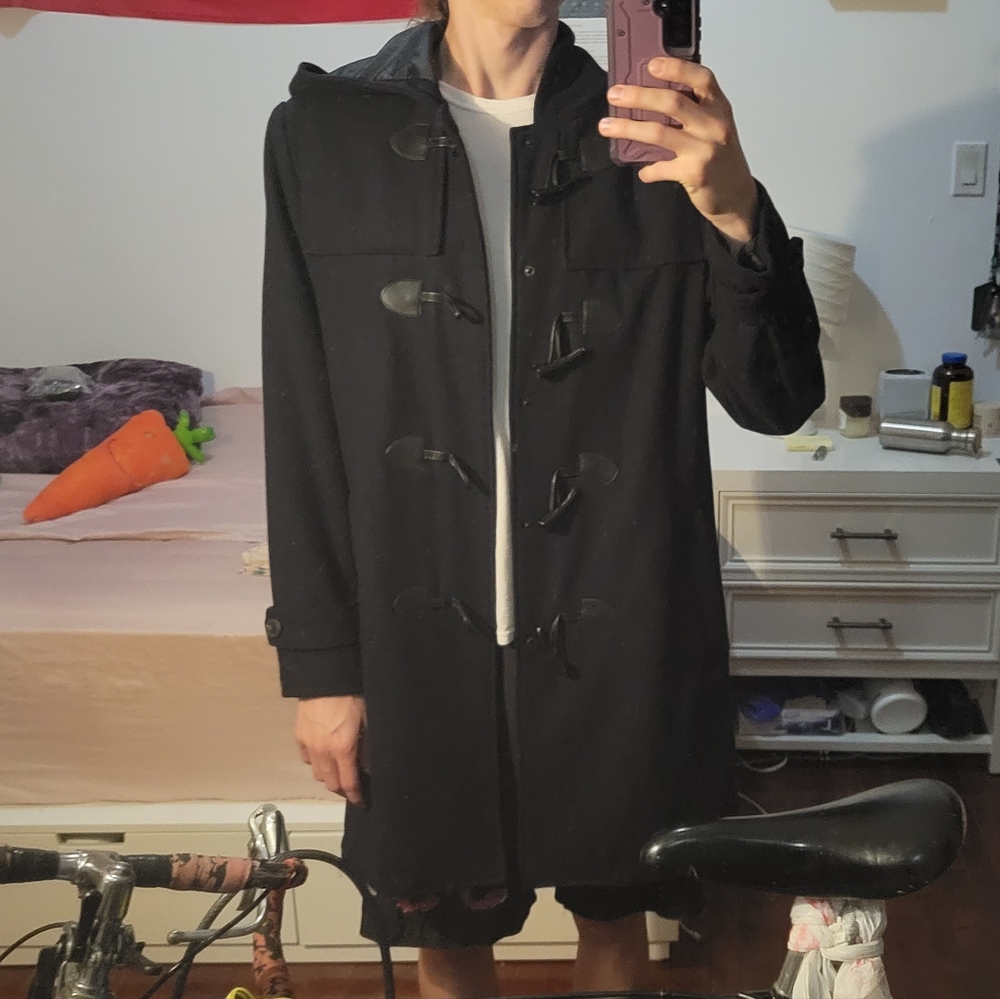 Dark Navy Blue Wool Pea Coat with Hood with clasp buttons and big cone buttons